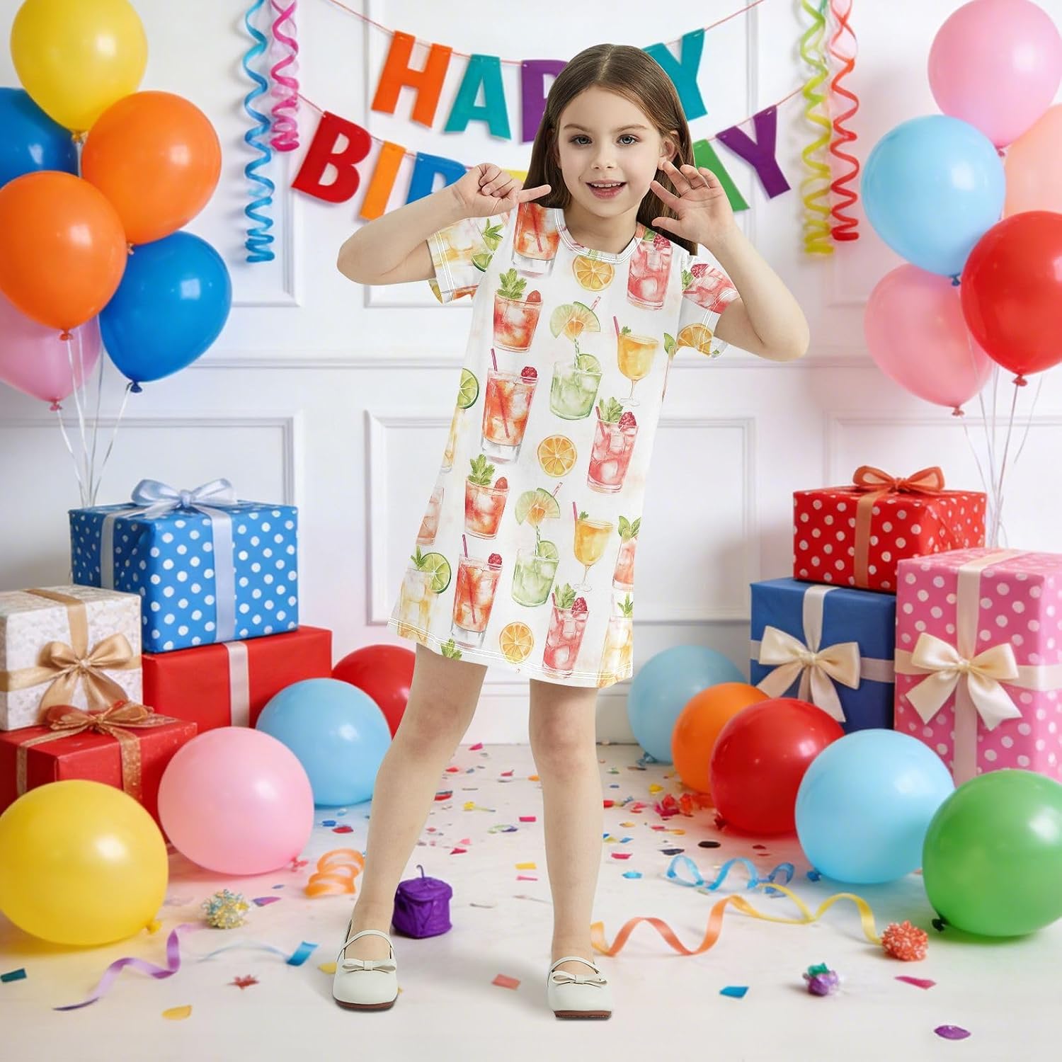 Cocktails Girls Dresses Summer Dresses for Girls with Cotton Short Sleeves for Casual a Line Dress Size 2-8Y