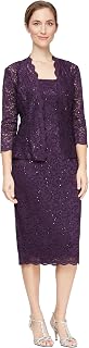 S.L. Fashions Women's Tea Length Sequin Lace Mother of The Bride Dress with Illusion Sleeve Jacket