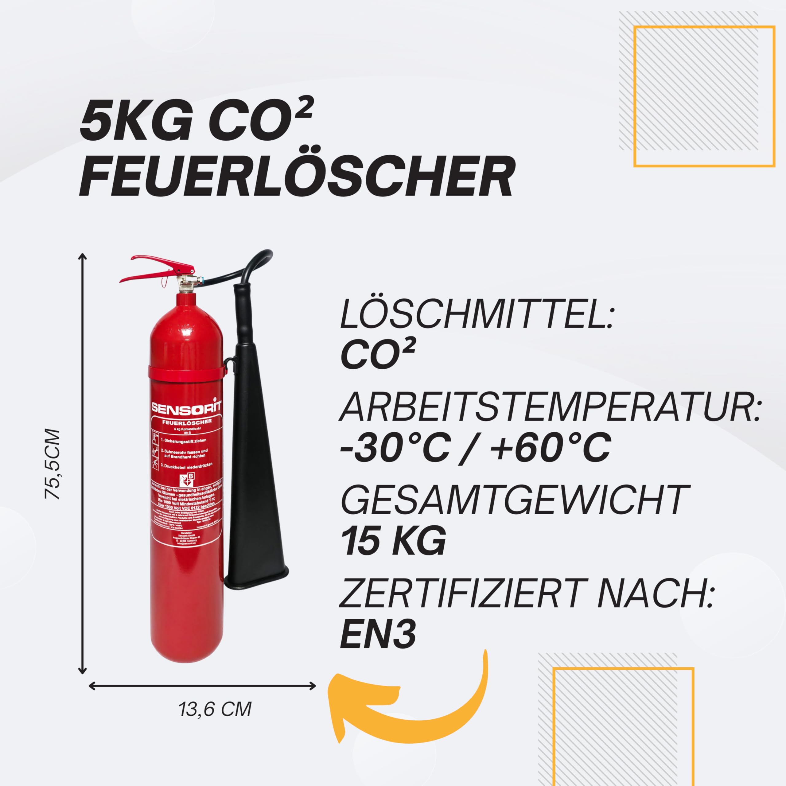 CO2 Feuerlöscher, 5kg Kohlendioxid, Löscher für elektrische Anlagen & EDV nach DIN EN 3 inkl. Instandhaltungsschild und Wandhalter