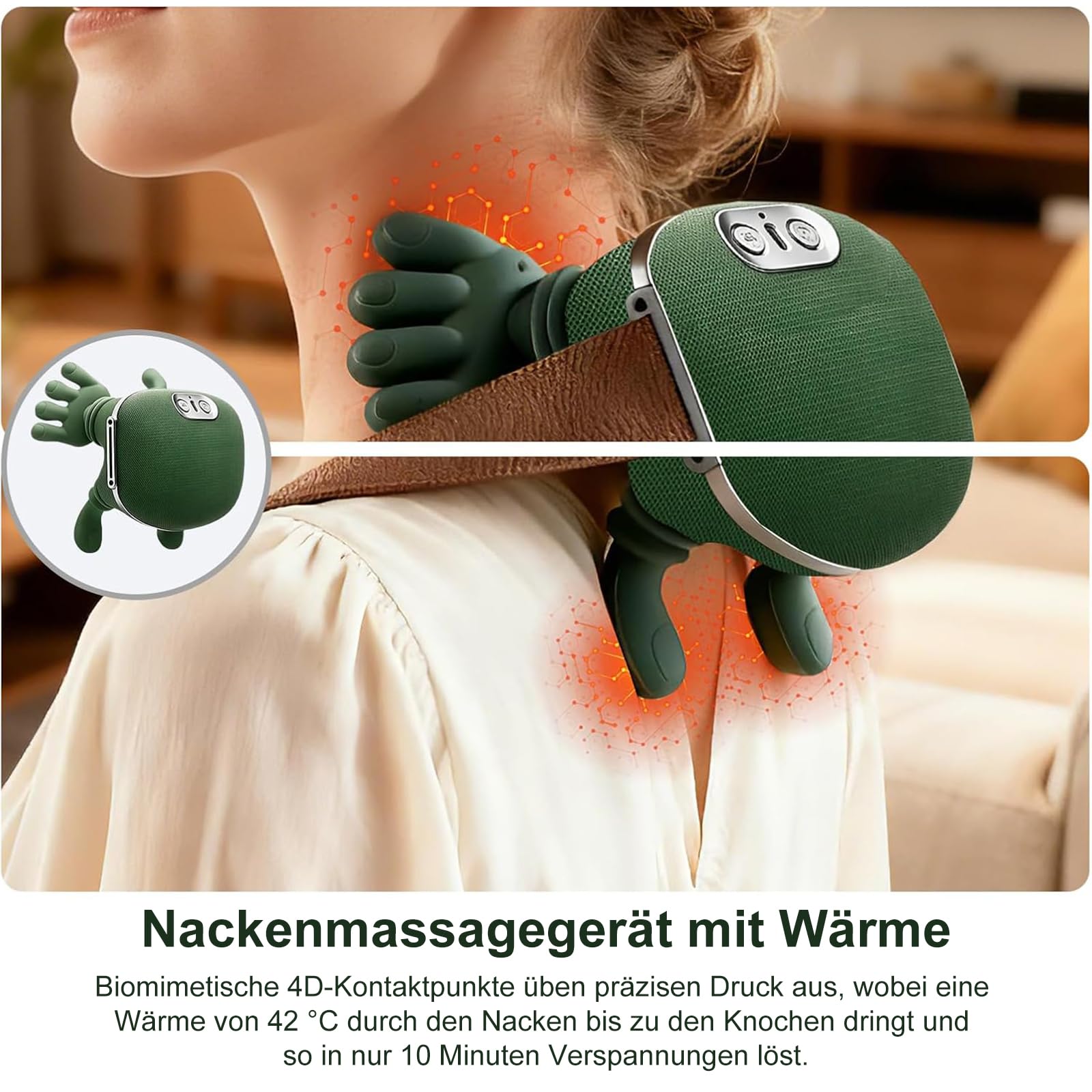 Massagegerät, 4D Nackenmassagegerät mit Wärme, USB Elektrische Schultermassagegerät 3 Modi & 2 Heizstufen, Tragbares Nacken und Schulter Shiatsu Massagegerät für Zuhause, Büro & Reise