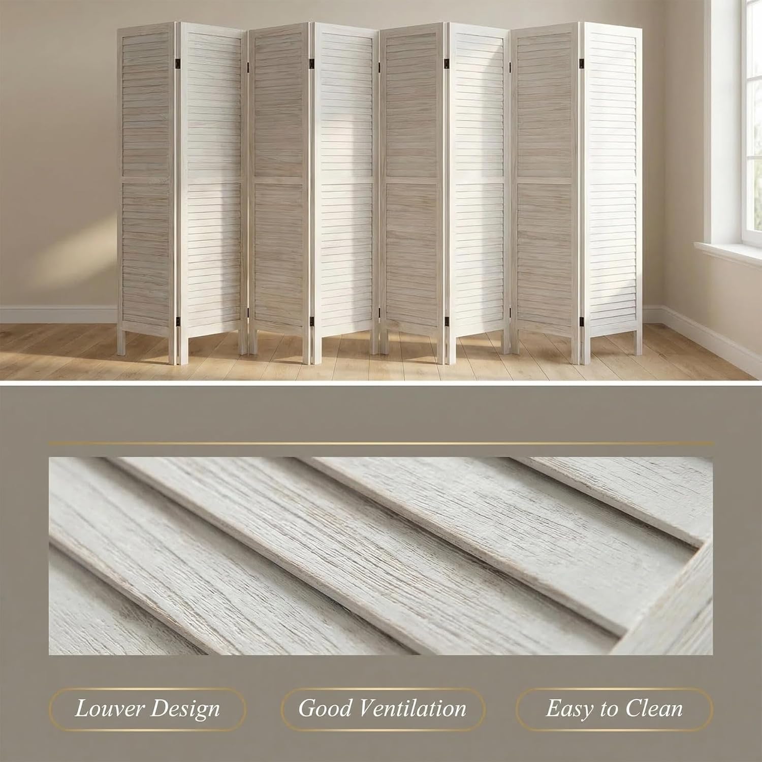 Bluecat 8 Panel Room Divider, 128" W x 67" H Foldable Privacy Screen, Freestanding Solid Wood Partition Wall for Home Office Bedroom, No Assembly Required, Warm White