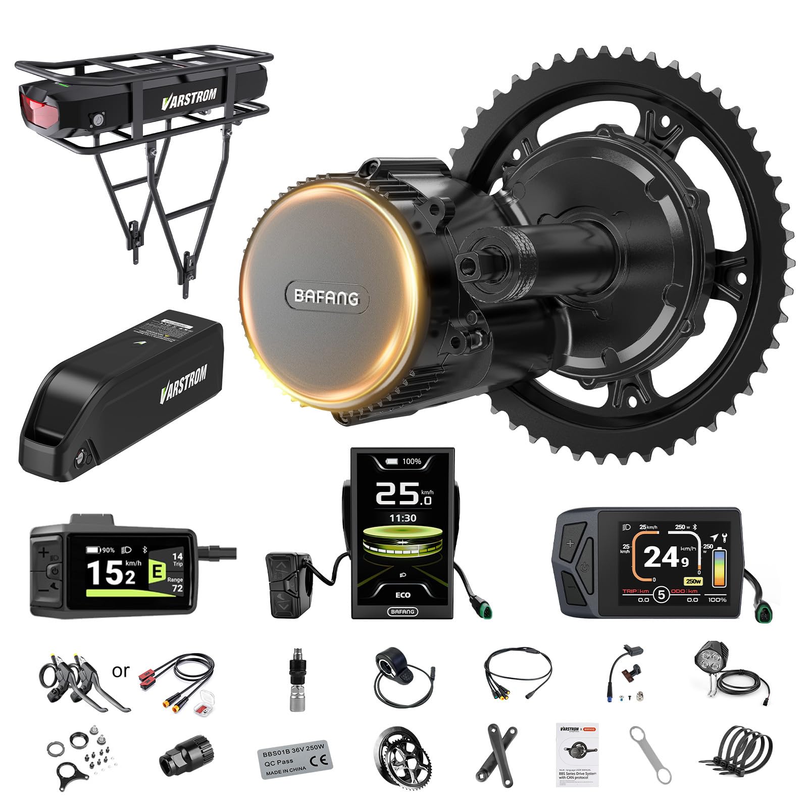 BAFANG kit bici elettrica motore centrale, kit conversione bici elettrica BBS01B BBS02B BBS-HD, 250W kit bici elettrica con batteria opzionale e display LCD, 36V 48V 52V (CAN)