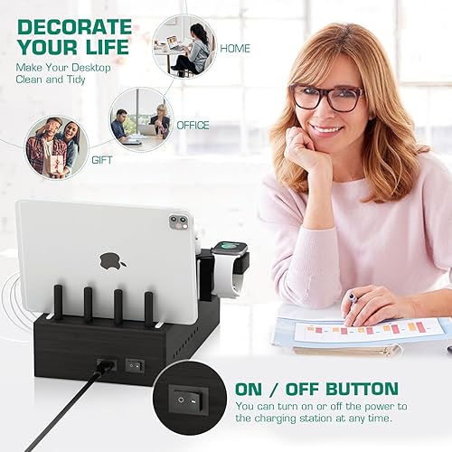 Miniatura 7 de Darfoo - Estación de carga de bambú para múltiples dispositivos, cargador inalámbrico rápido certificado Qi y 7 puertos USB, estación de carga de