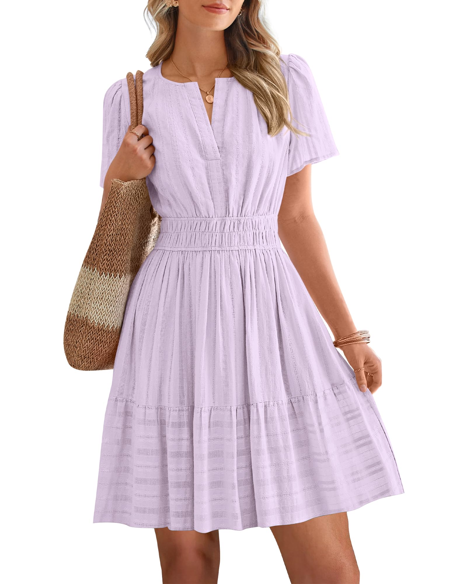 BTFBM Womens Spring 2026 Casual Mini Dresses Lightweight Short Sleeve V Neck Elastic Waist Cute Boho Beach Dress Pockets
