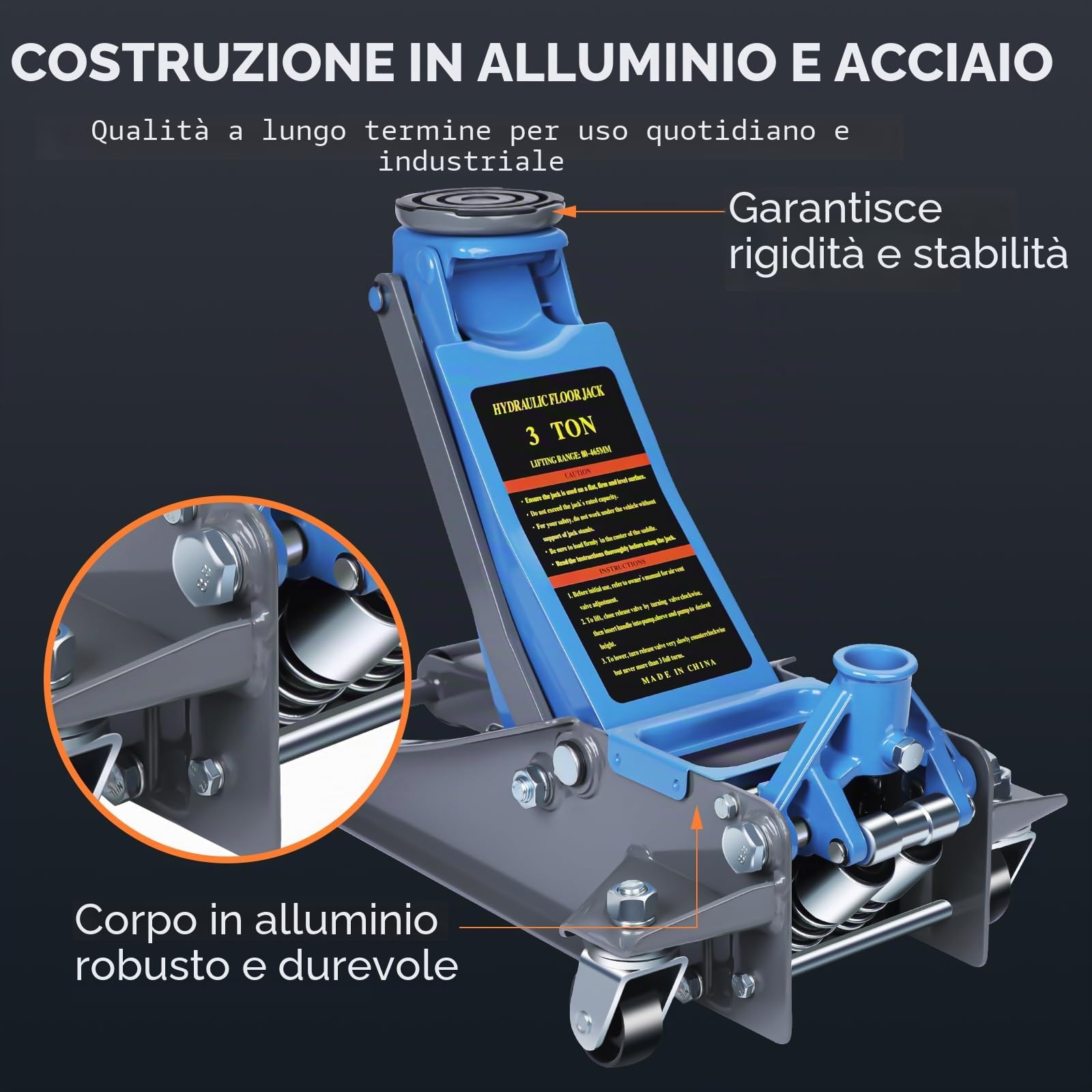 LARBANKE Martinetto idraulico a basso profilo da 3 tonnellate, costruito con alluminio e acciaio durevoli, cric da pavimento con sistema a doppia pompa per un sollevamento rapido, capacità 2993,7 kg