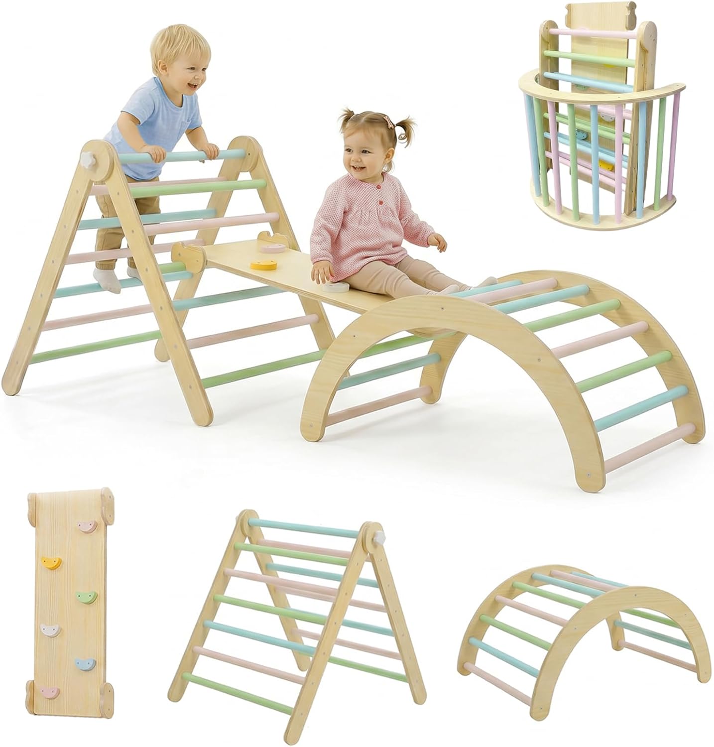 ITEFDTUTNE Pikler Triangle Set Foldable Toddler Climbing Toys Indoor Wooden Indoor Jungle Gyms for Kids Montessori Play Gym Pickler Climbing Set with Arch&Ramp&Ladder
