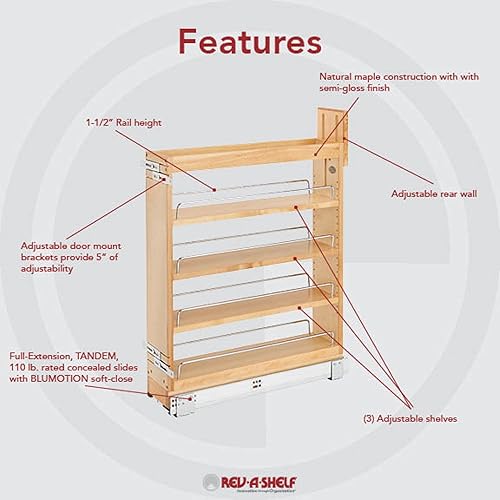 Miniatura 3 de Rev-A-Shelf Organizador de almacenamiento extraíble de 5.5 pulgadas para gabinetes de cocina y baño con diapositivas de extensión completa de cierre