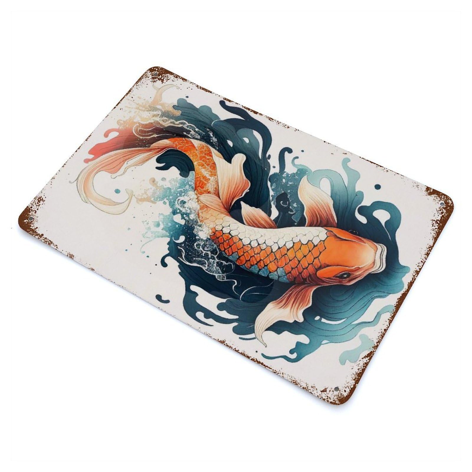 Rustic Tin Plaque Carpe Koi Fish Japanese 11.8"x7.9", Retro Wall Decor for Shed, Workshop And Garage Wall Decor