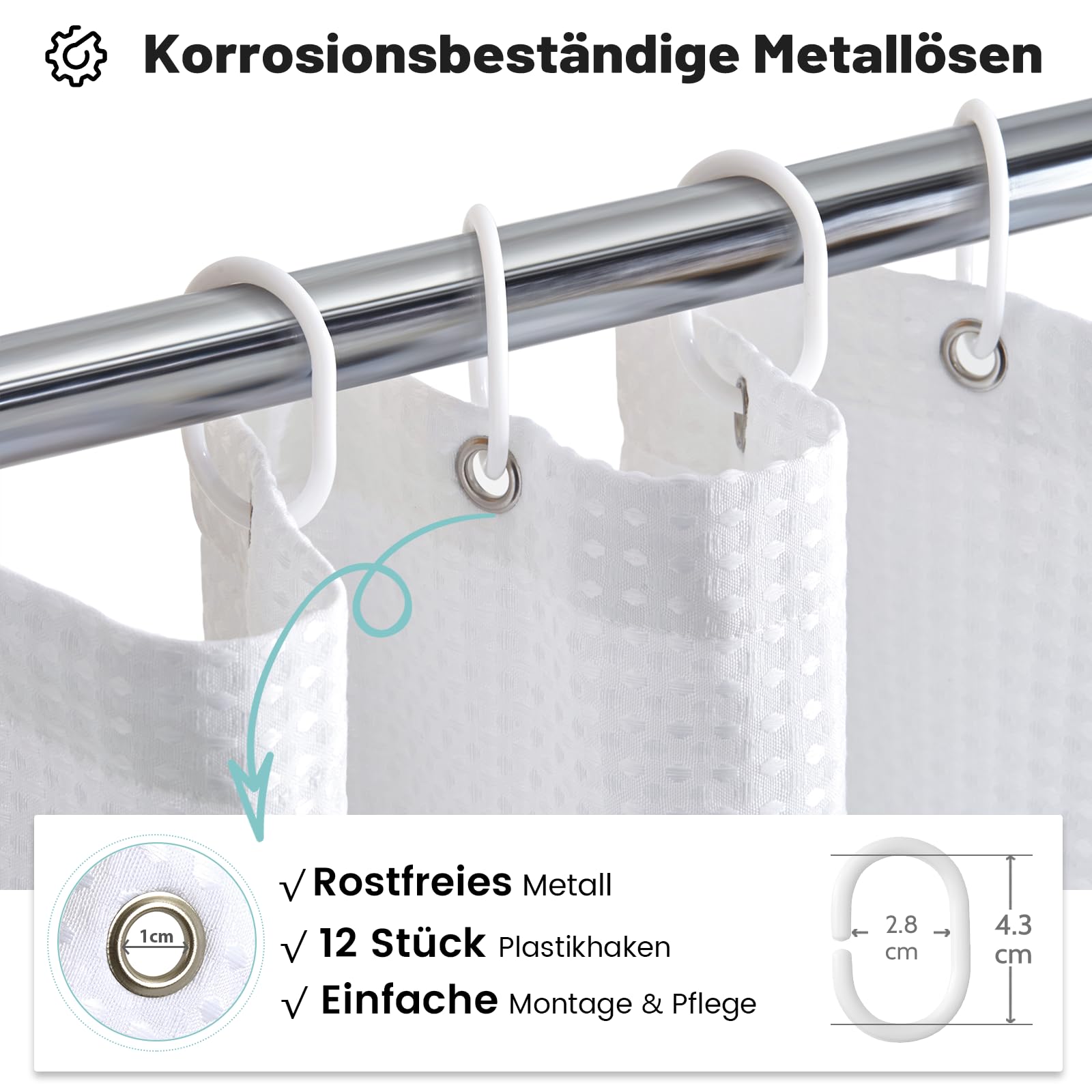 BTTN Tenda Doccia a Nido d'Ape Bianca 180x200 cm, Tessuto Antimuffa Impermeabile Extra Resistente con 12 Ganci, Lusso Moderno Lavabile con Orlo Ponderato in Poliestere Decorativo per Bagno