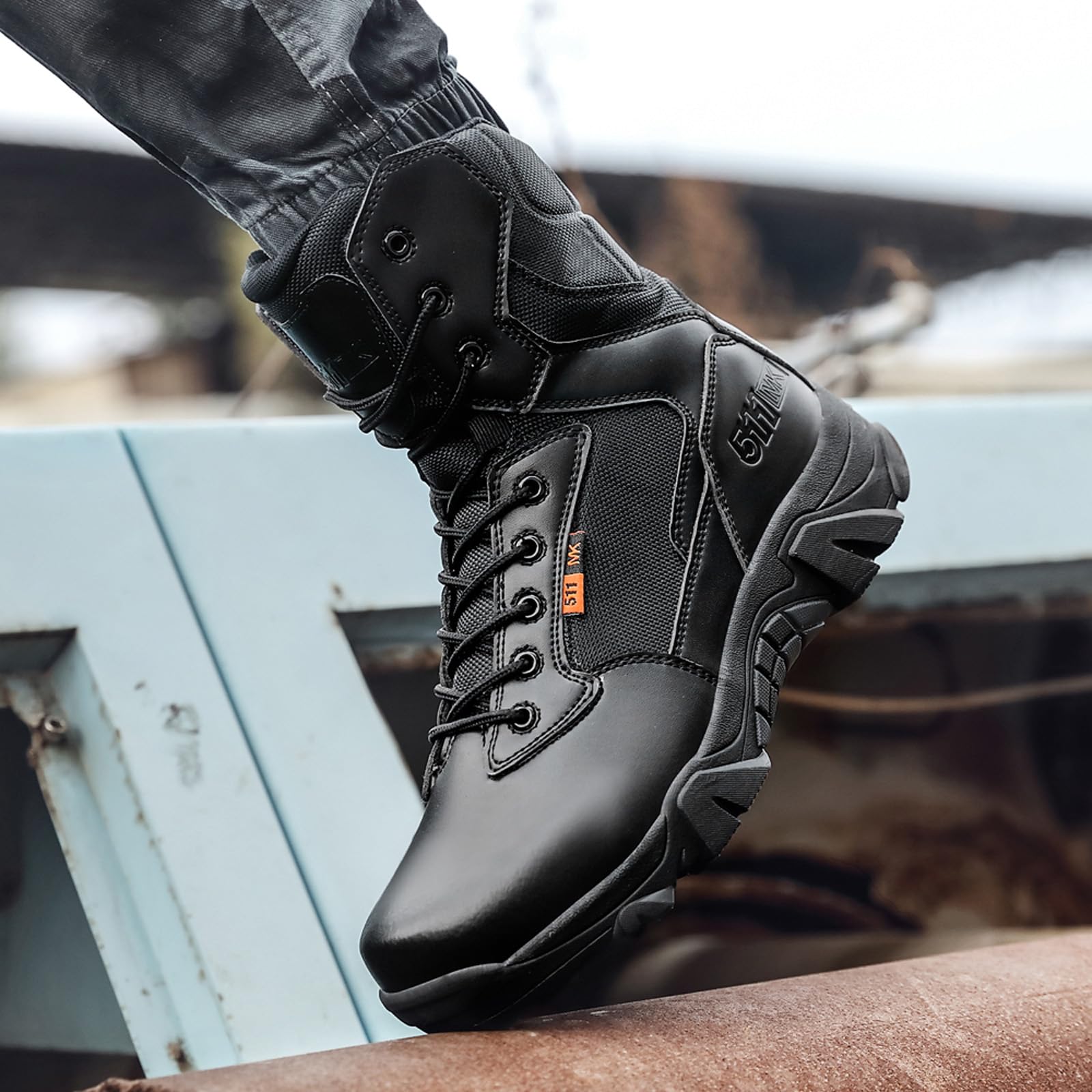 BLBK Bottes militaires imperméables pour homme avec fermeture éclair - En cuir - Pour la randonnée, l'alpinisme, la pêche, la chasse