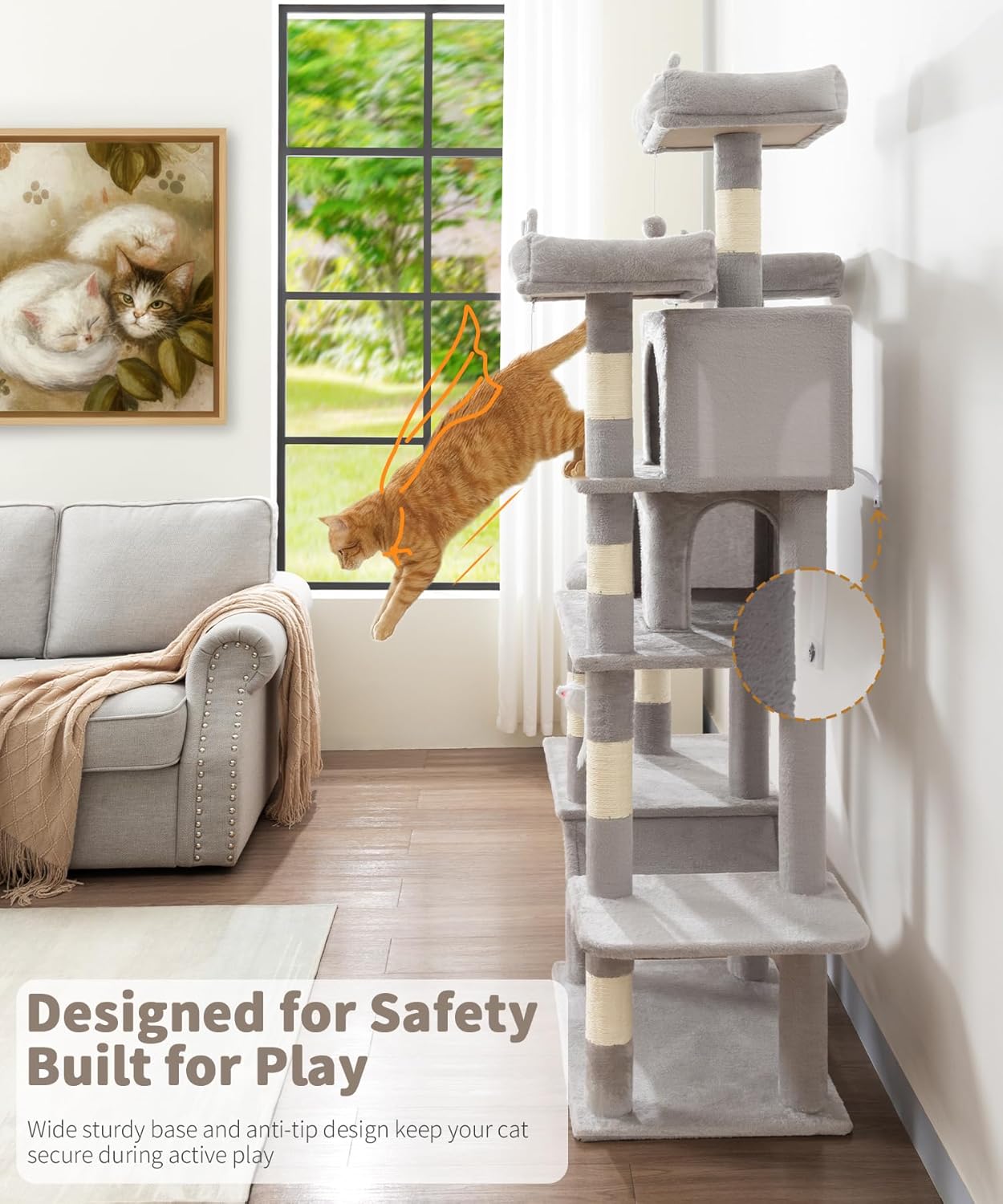Heavy Duty Cat Tree for Indoor Cat, 71 Inch Large Cat Tower with Scratching Post and Top Perch, Hammock, Big Cat Condo for Adult Cats Kittens, PMT03GY, Grey