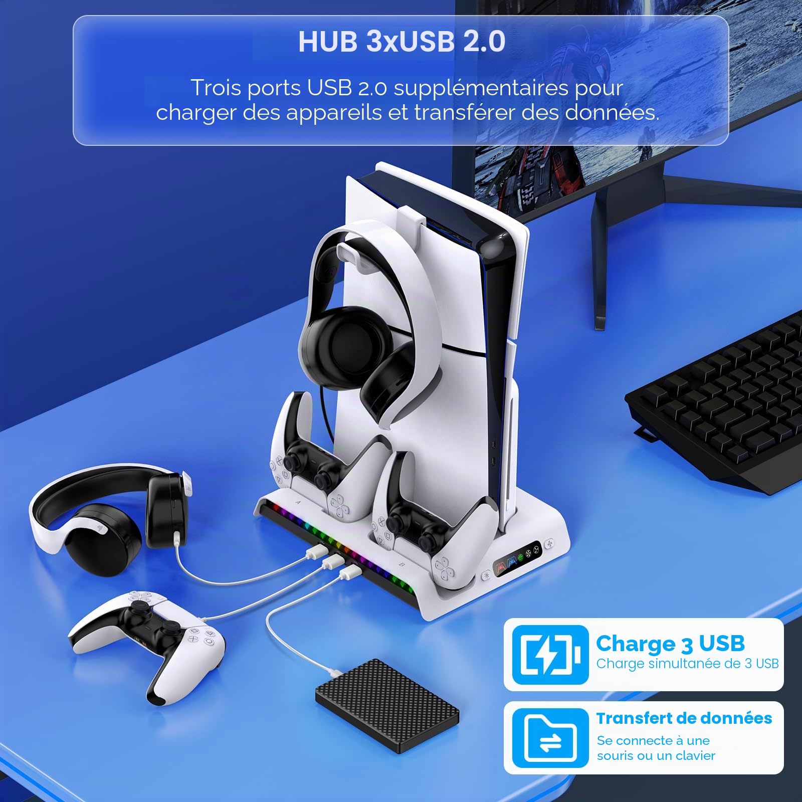 FASTSNAIL Support pour PS5/PS5 Pro/PS5 Slim avec Ventilateur | 9 Modes RVB, Ventilateur à 3 Vitesses, Charge Rapide en 3h, Voyant LED, 3 Ports USB, Design Antidérapant, avec Crochet