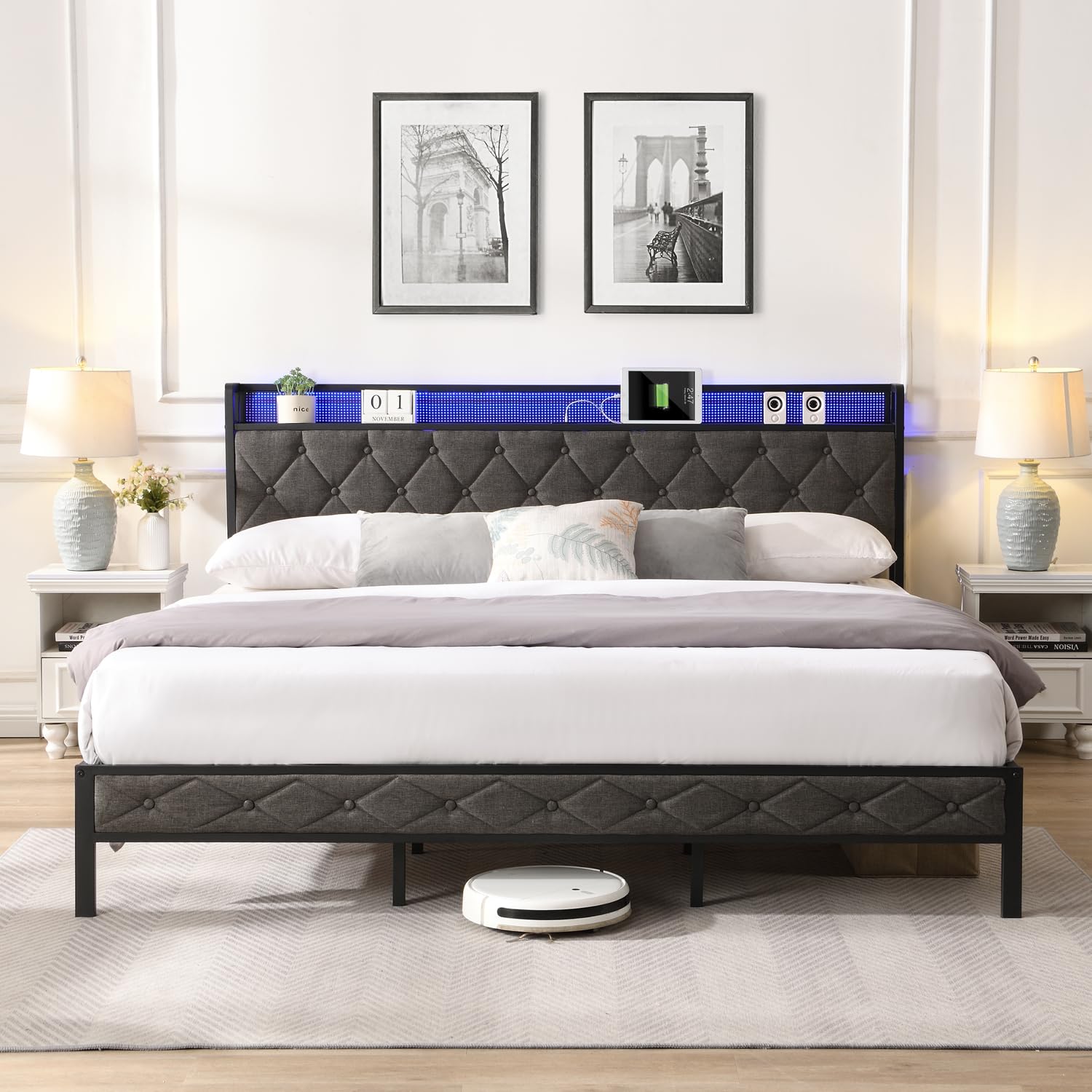 King Size Bed Frame with Storage Headboard Upholstered Platform Bed King with Charging Station LED Lights Heavy Metal