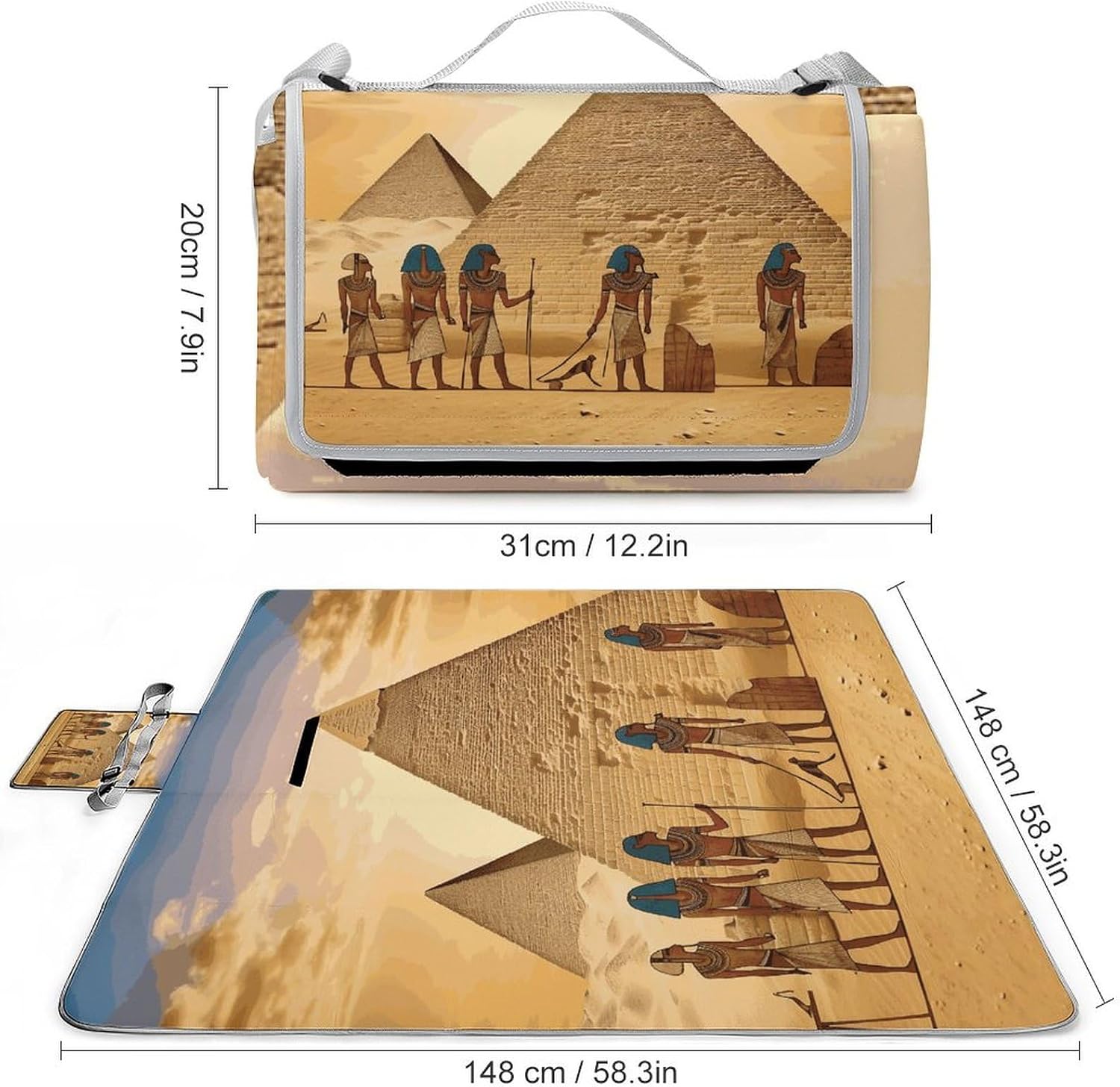 Ancient Egyptians Waterproof Picnic Blanket 58.3''x58.3'',Portable and Foldable Picnic Mat with Handle,Outdoor Blankets for Lawn Park Beach Travel