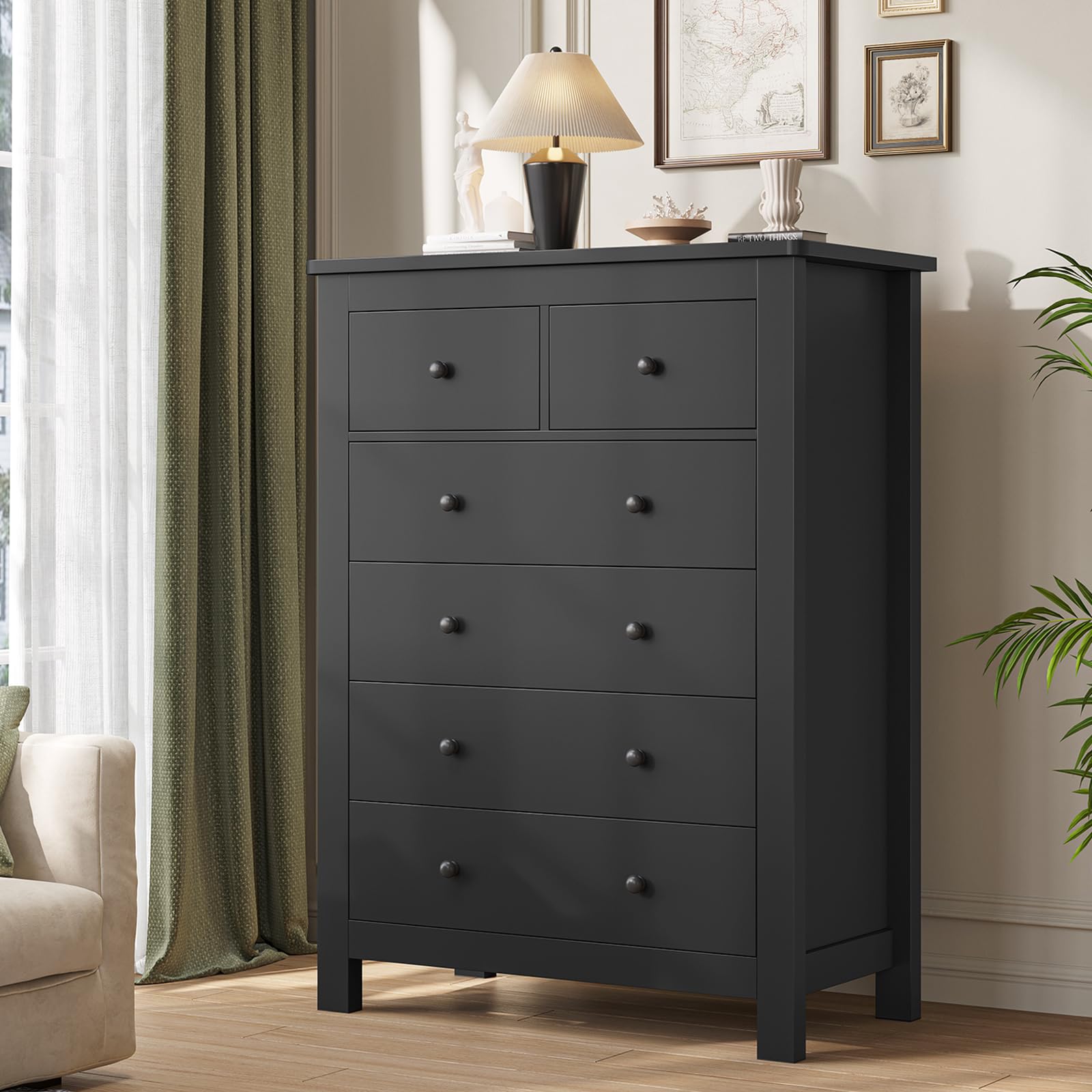 Hasuit Black 6 Drawers Dresser for Bedroom, Wooden 6 Chest of Drawers, Large Capacity Clothing Storage Organizer with Wide Drawers and Wood Knobs, Modren Tall Dressers for Bedroom, Hallway, Entryway