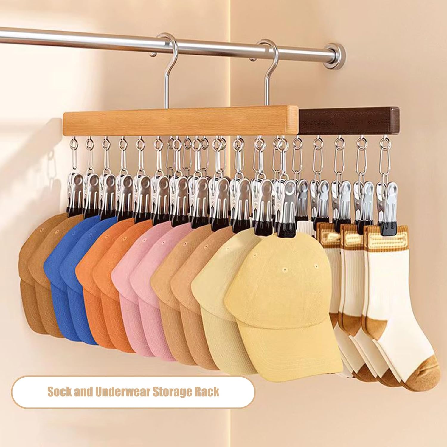 ordinarYone Wooden Wall Mounted Hat And Sock Organizers With Multiple Clip For Space Saving Storage