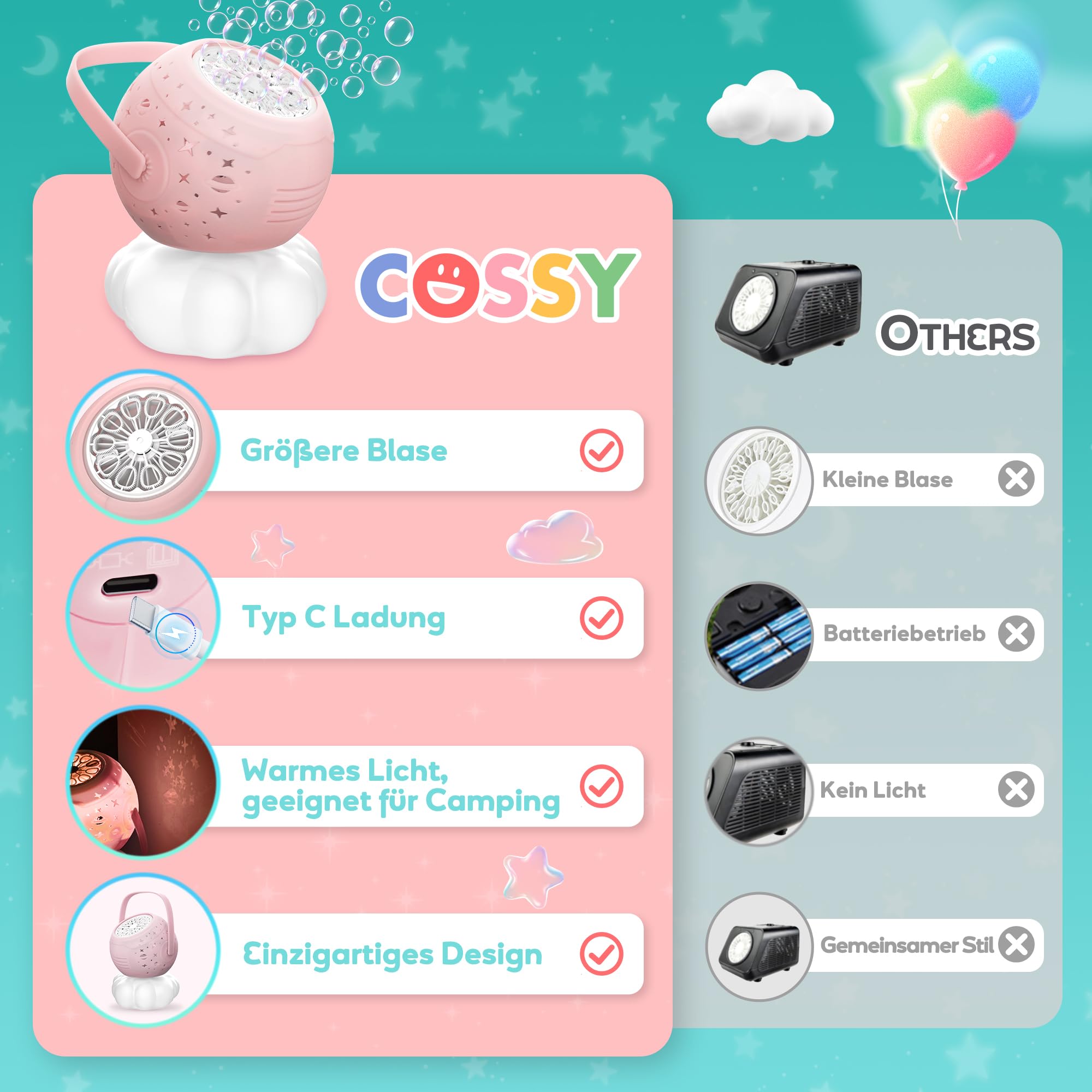 cossy Bubble Machine, Rechargeable Bubble Machine for Kids Portable Bubble Blower with Warm Lights - Image 3