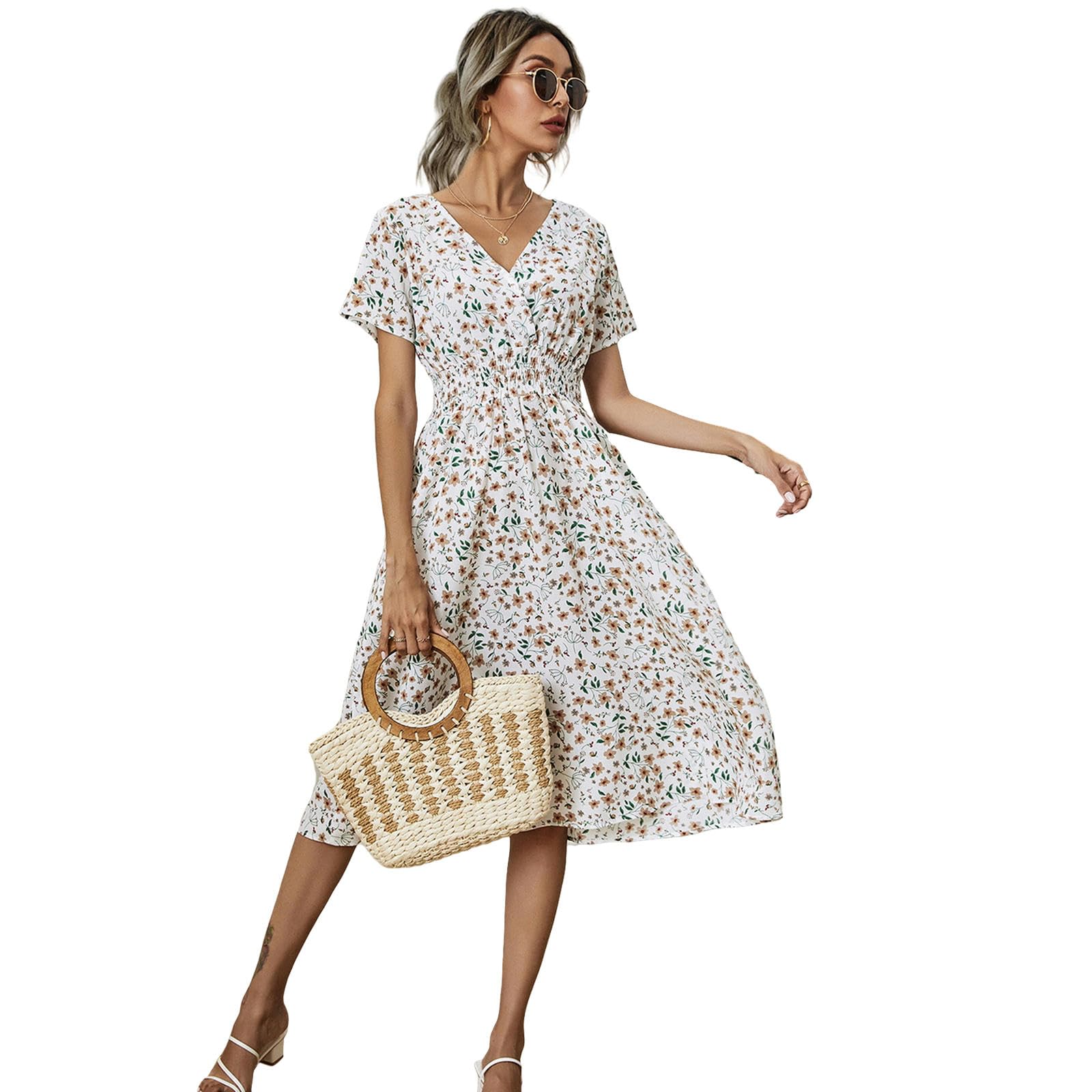 Ropa de Verano para Mujeres Ropa de Verano Flores de Manga Corta Vestidos de Tirantes de Cuello V Vestidos de Mujer Casual Hasta la Rodilla, HUTALIM, Blanco, s