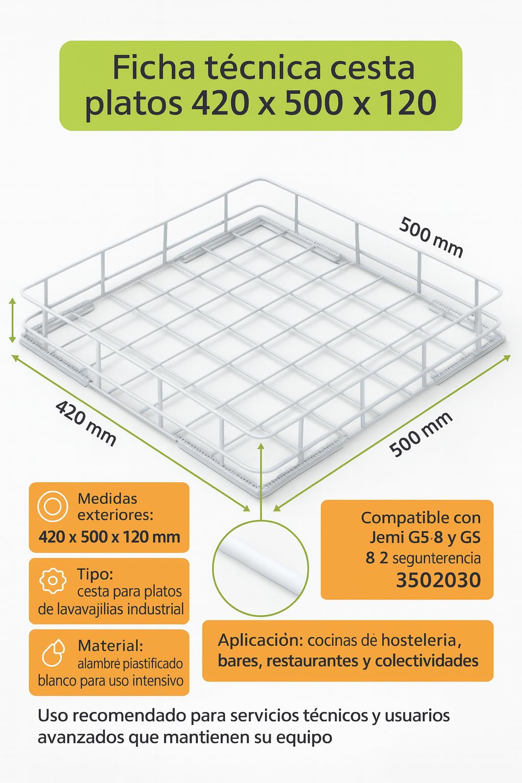 Cesta Platos 420x500x120 Alambre Plastificado Blanco 3502030 Lavavajillas Industrial Recambio Profesional compatible con Jemi GS 8 y Linea Blanca LC2000