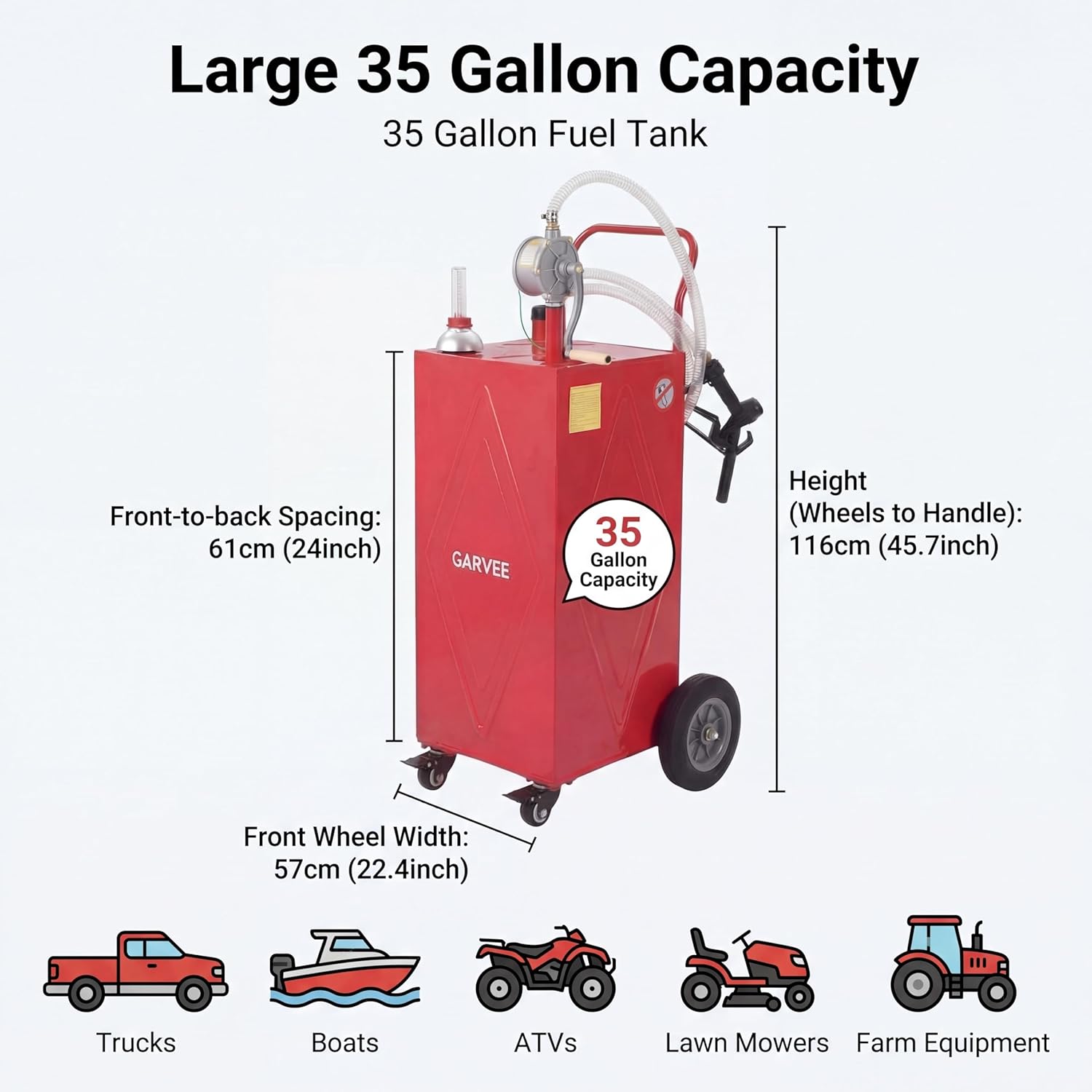 GarveeTech 35 Gallon Fuel Caddy with Manual Pump, Portable Fuel Transfer Tank on Wheels, Heavy Duty Gasoline & Diesel Storage Container for Trucks, Boats, ATVs, Lawn Mowers, Farm Equipment - Red