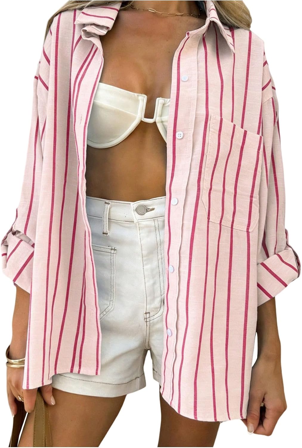 Verdusa Women's Striped Button Down Blouse Oversized Shirts Long Sleeve Tops Summer Vacation Outfits
