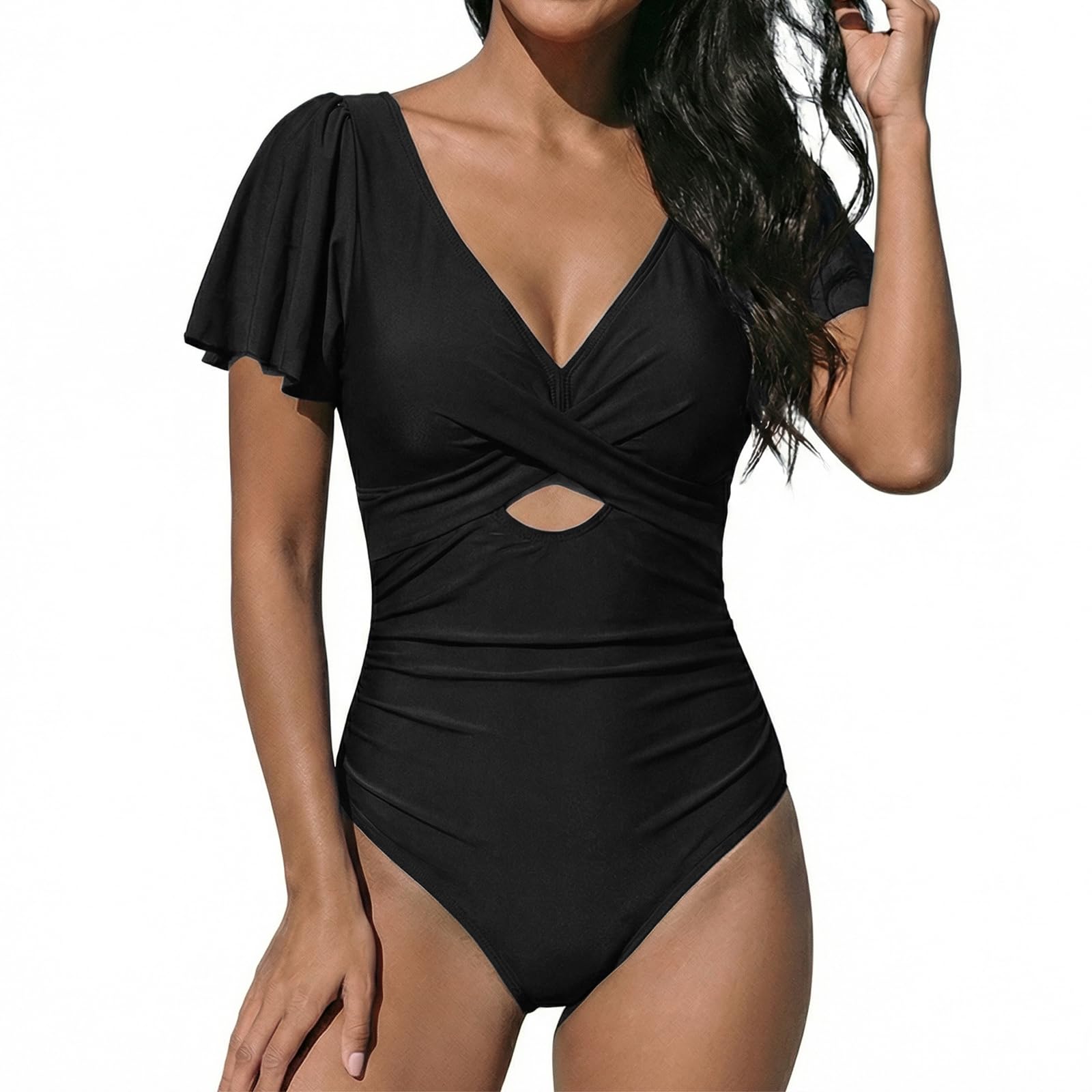 OUSIMEN Maillot de Bain Une Pièce pour Femme Manches à Volants,Décolleté en V Froncé Monokini