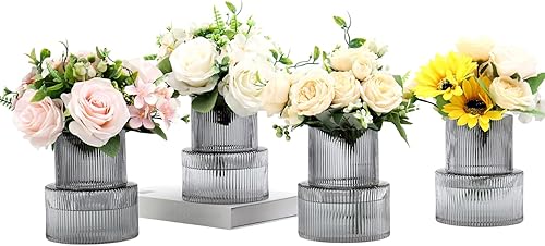 Miniatura 17 de Jarrón redondo de cristal, floreros para ramo, jarrones de vidrio acanalado para flores, pequeño jarrón transparente para sala de estar, oficina,