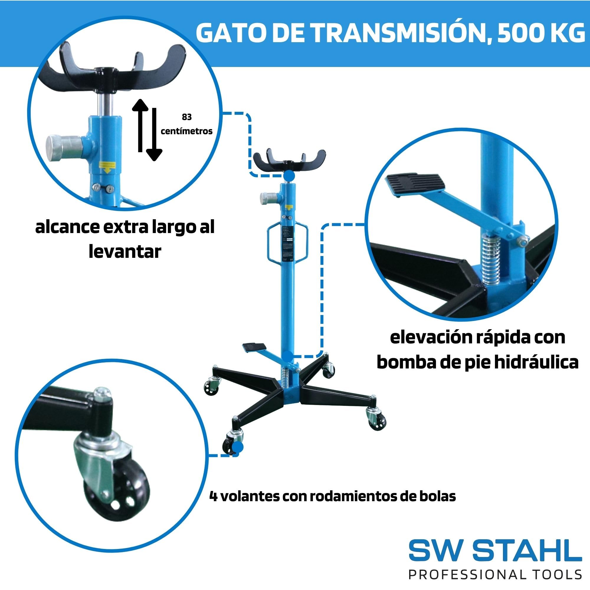 SW-Stahl 20309L Elevador de Engranajes, Gato de Foso y Motores de 500 kg | Altura 111-194 cm, bomba de pie hidráulica, piston de 30 mm, 4 ruedas giratorias y llenado de aceite ISO VG 32