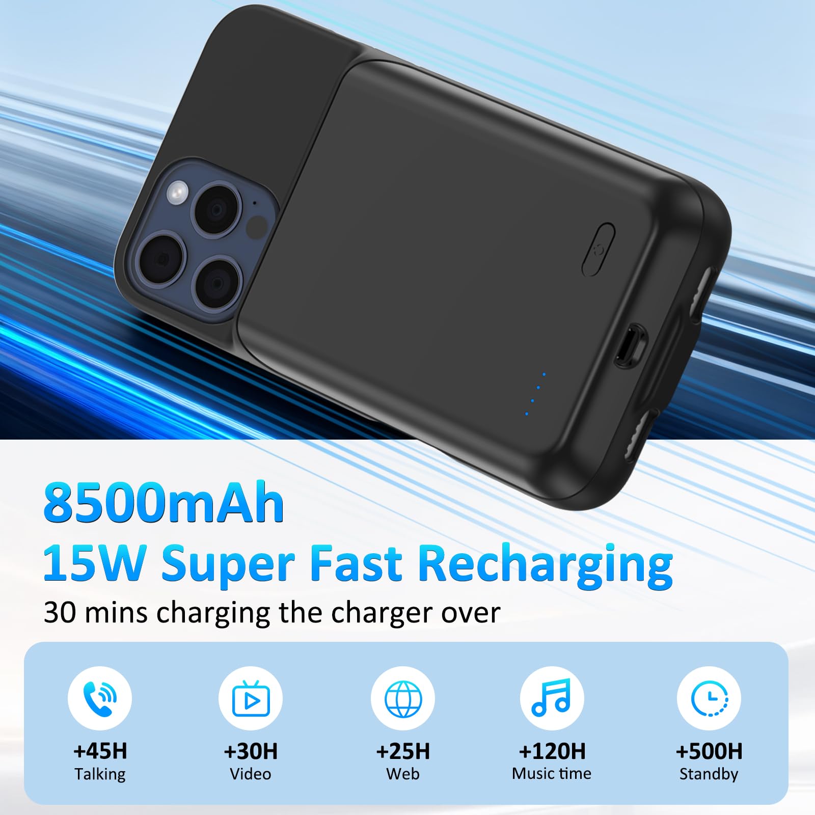 Custodia con Batteria per iPhone 15 Pro (6,1"), Caricabatterie Portatile da 8500 mAh, Ultra Sottile con Batteria Estesa e Custodia Protettiva con Funzione di Ricarica per iPhone 15 Pro - Nero