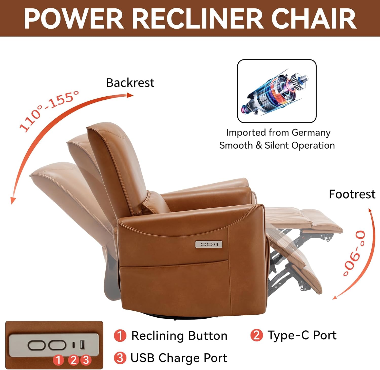 LUXLEN Power Recliner Chair Swivel Glider, Heavy Duty Motion Mechanism with USB and Type-C Ports,Breathable Leather,Brown
