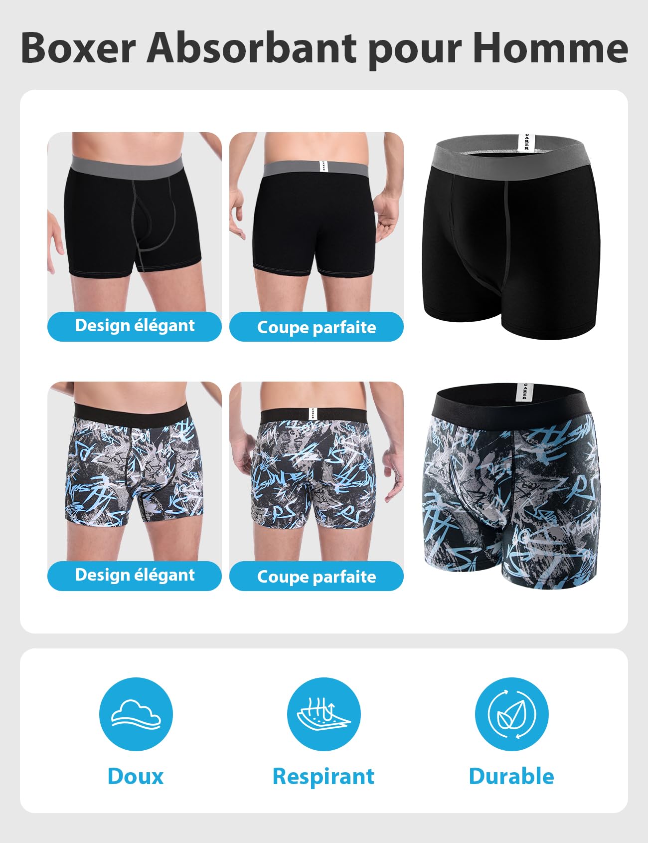 Carer Lot de 2 Boxers pour Hommes Incontinence Coton Réutilisables avec Coussin Absorbant Ergonomique de 100 ml pour Fuites Urinaires Légères Sous-vêtements Fonctionnels Taille 3XL