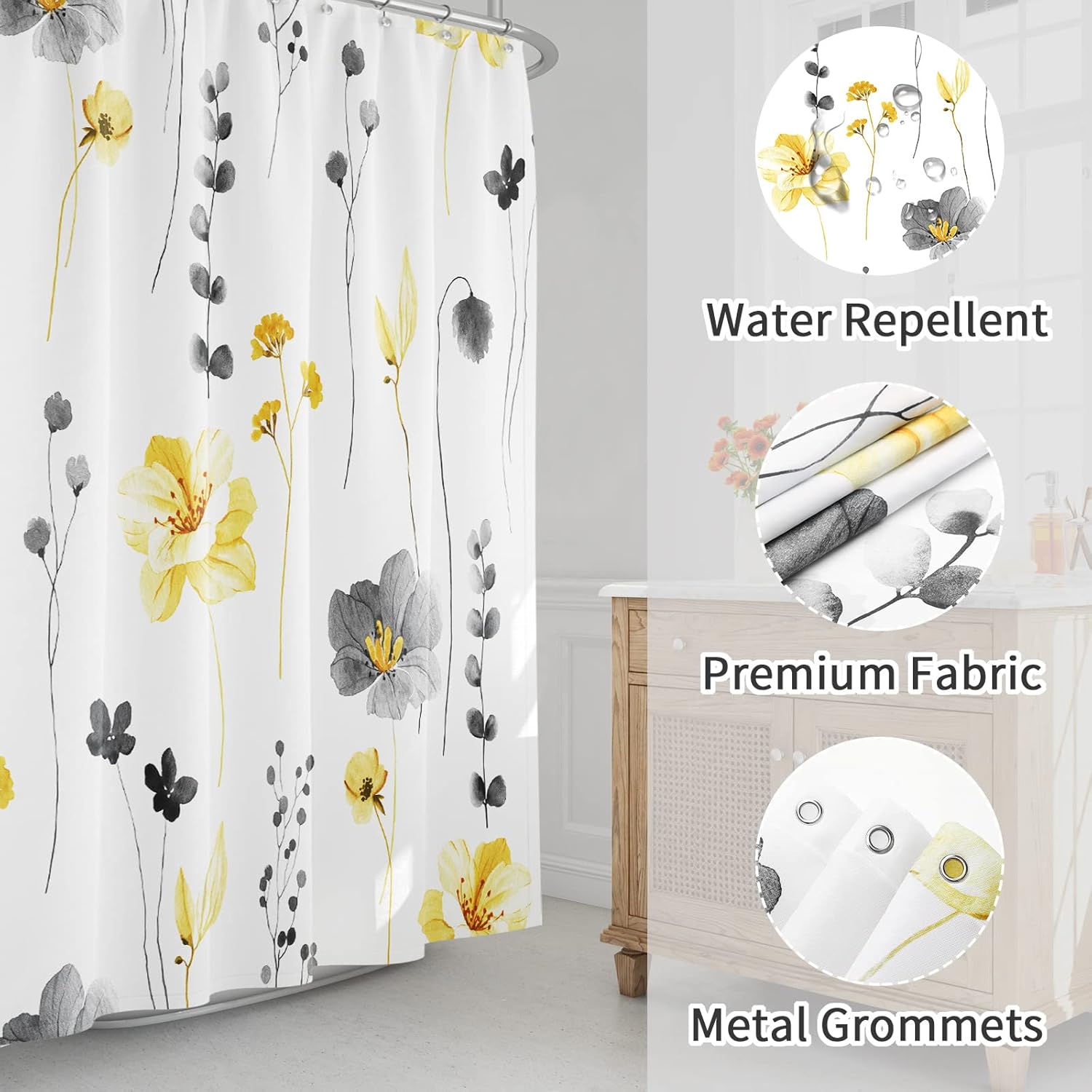 Gibelle Extra Long Shower Curtain 72 x 84, Watercolor Floral Fabric Shower Curtain, Yellow Grey Flower Decorative Bathroom Shower Curtain Set