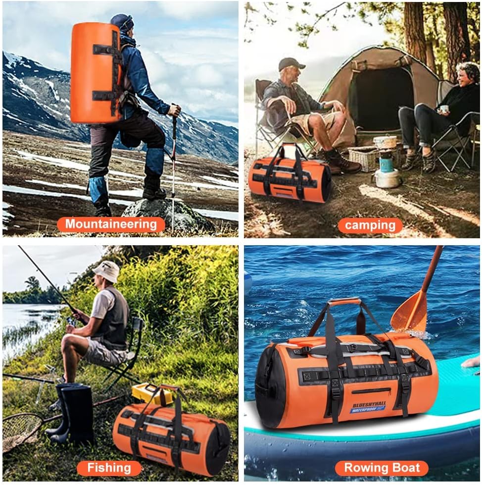 Blueshyhall 60L Waterproof Duffle Bag with Durable Handles Straps, Water Repellent Dry Sack for Motorcycle Paddleboarding Kayaking Canoeing Camping Rafting Boating (Grey)