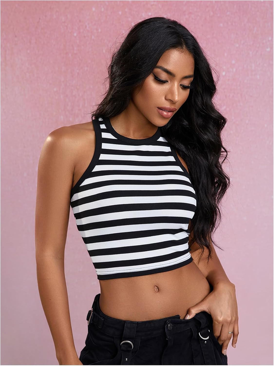 SweatyRocks Women's Striped Crop Tank Tops Sleeveless Crewneck Ribbed Fitted Tops - Image 3