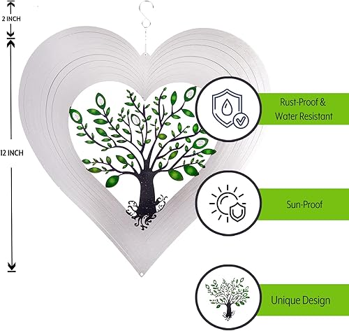 Miniatura 4 de ISEO Molinillo de viento de corazón plateado para patio y jardín, decoración colgante al aire libre, decoraciones de porche y patio, resistente a la