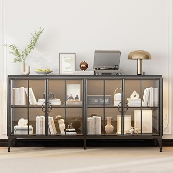 ECACAD 63" W Sideboard Buffet Storage Cabinet with LED Lights and Glass Doors, Modern Cupboard Console Table with Glass Shelves, Display Cabinet with Metal Legs for Living Room, Dining Room, Black