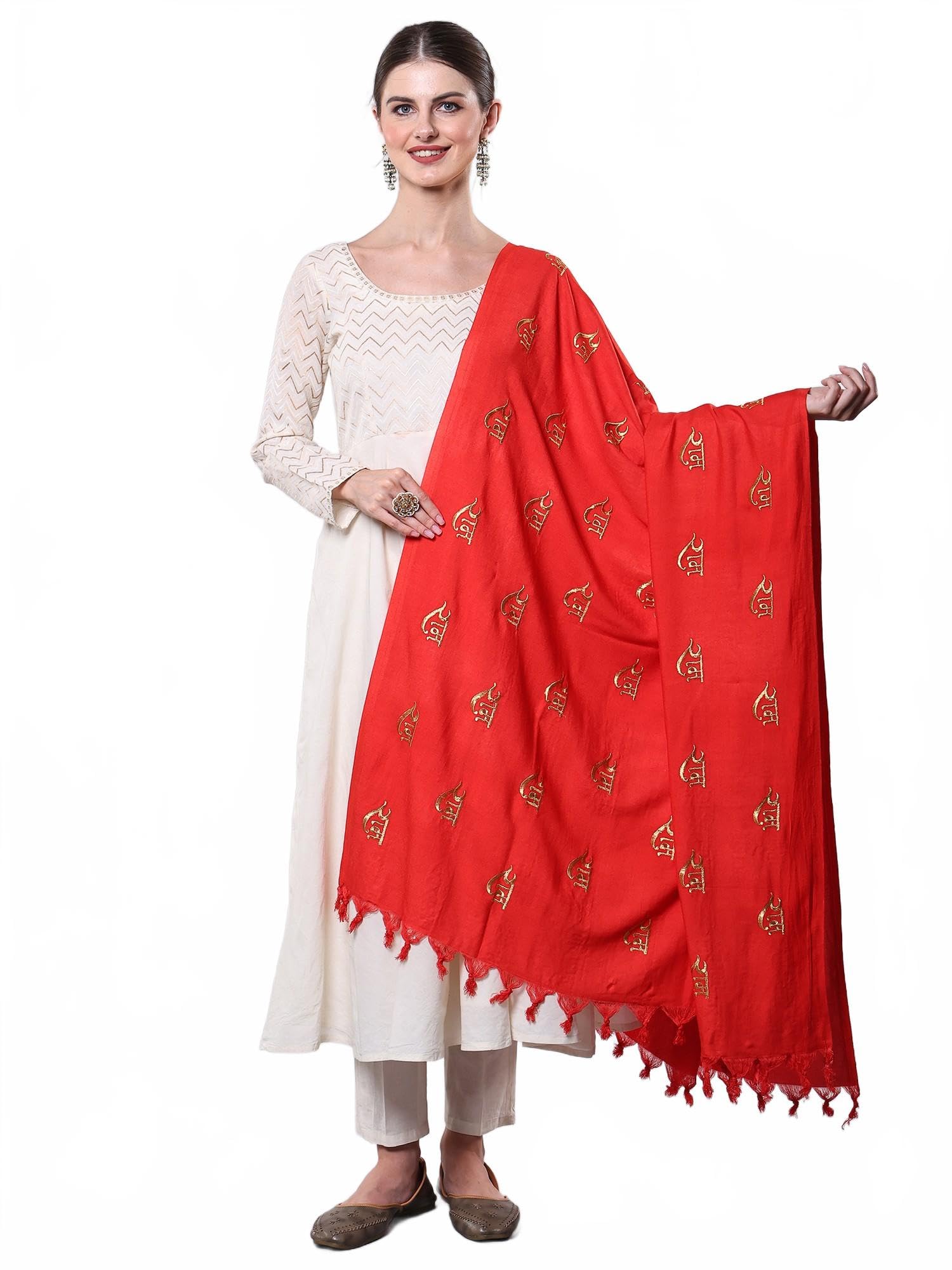 Women's Polycotton Prayer Shawl with Woven Ram and Zari Thread Embroidery Ethnic Design Pooja Stole, Scarves-image-32