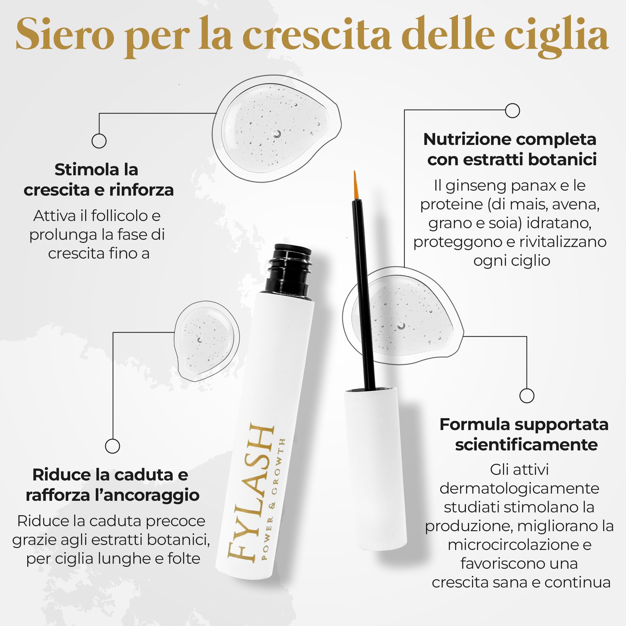Siero Ciglia Allungante| Siero Crescita Rinforzante Naturale SENZA Ormoni| Trattamento Rinforzante 5ml per 4 Mesi | Guida e Misuratore Inclusi