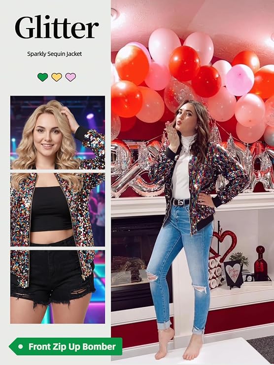 Women's Sequin Fitted Long Sleeve Zipper Blazer Bomber Jacket