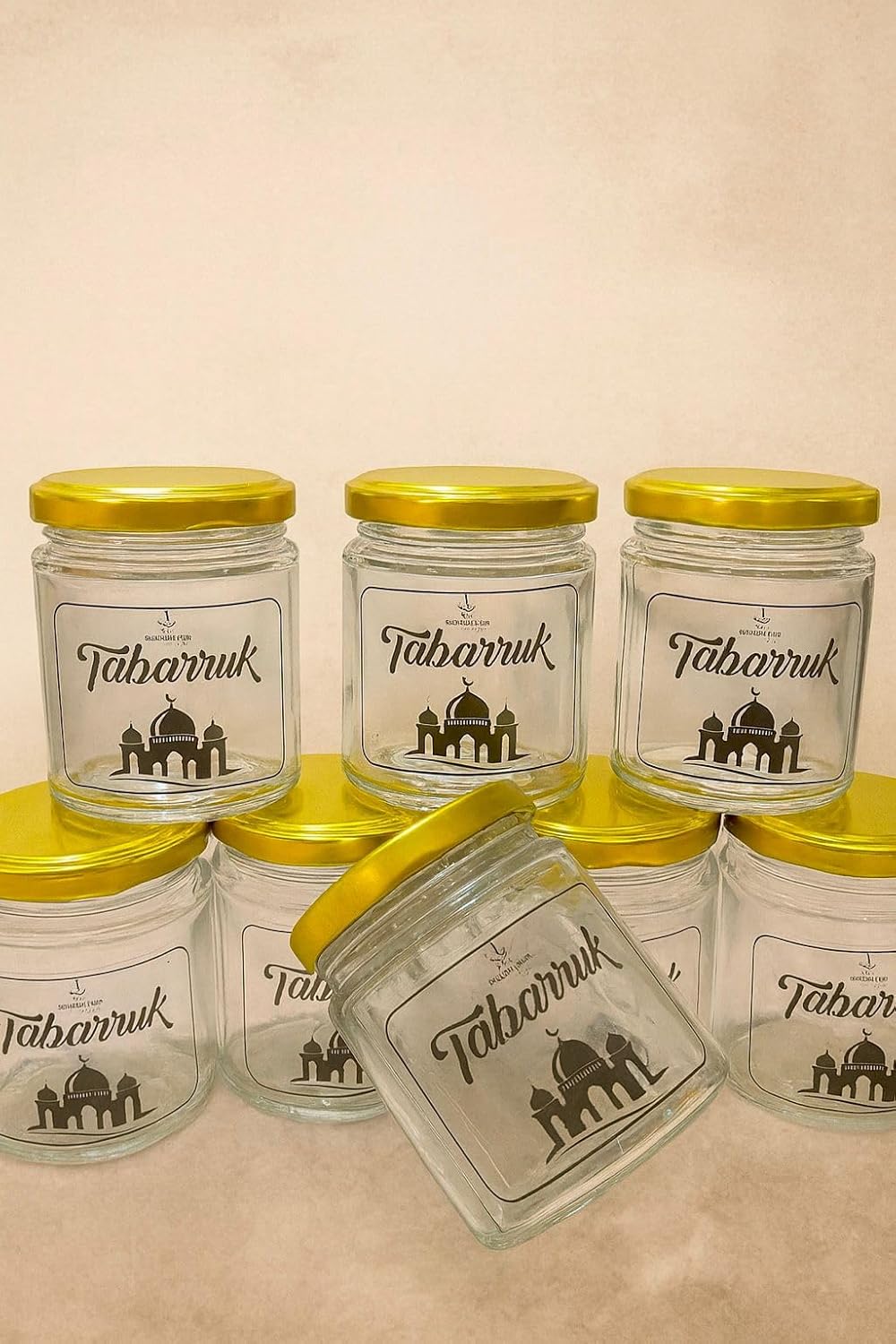 UMRAH KHAJOOR GLASS JARS 190ml with Golden Lid (PACK OF 10 JARS) – Ideal for Khajoor, Dry Fruits, Sweets, Chocolates – Islamic Favor Jar for Gifting (PACK OF 10 JARS)