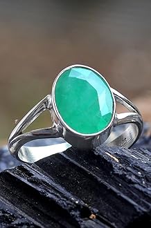 Reiki Crystal Products Natural Certified Panna Ring Emerald Ring Gemstone Ring Original Silver 925 Adjustable Ring for Women Men - 5 Ct Panna