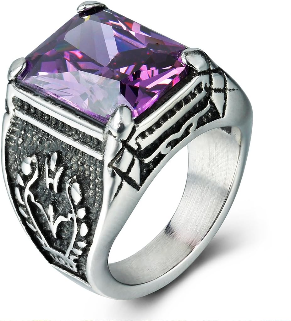 BOHO Jewelry Mens Stainless Steel Ring,Gothic Vintage Prong Setting Purple Cz,Black Silver