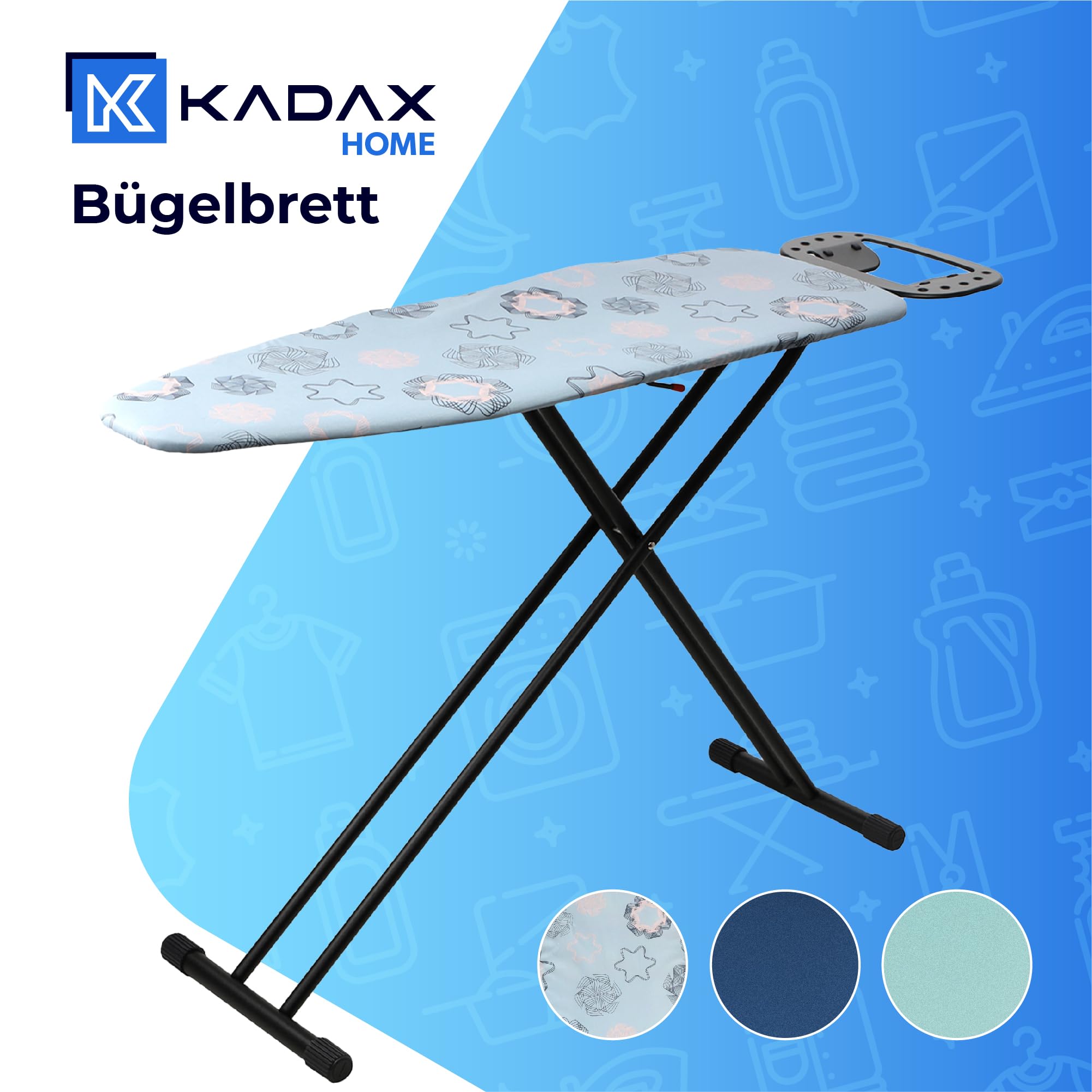 KADAX großes Bügelbrett 120x38cm - Stabiler Bügeltisch für Dampfbügelstation, klappbar, höhenverstellbar, mit hitzebeständiger Bügeleisenablage