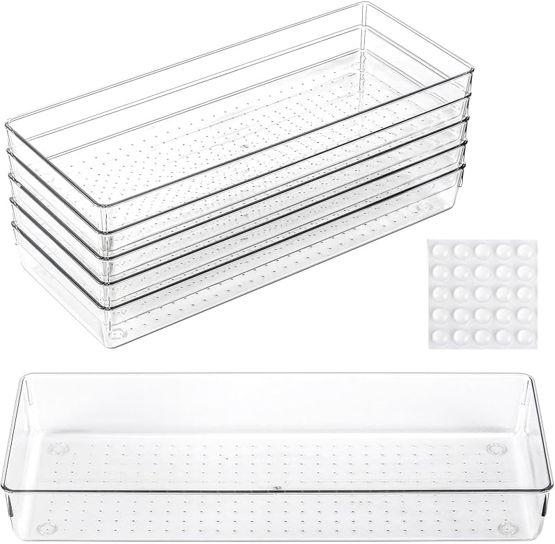 6 Pcs Large Clear Plastic Drawer Organizers Tray 15" x 6.3" Storage Bins with 25 Pcs Non-Slip Pads for Makeup, Jewelries, Kitchen Utensils, Bathroom and Office