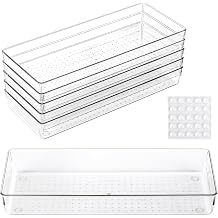 6 Pcs Large Clear Plastic Drawer Organizers Tray 15" x 6.3" Storage Bins with 25 Pcs Non-Slip Pads for Makeup, Jewelries, Kitchen Utensils, Bathroom and Office