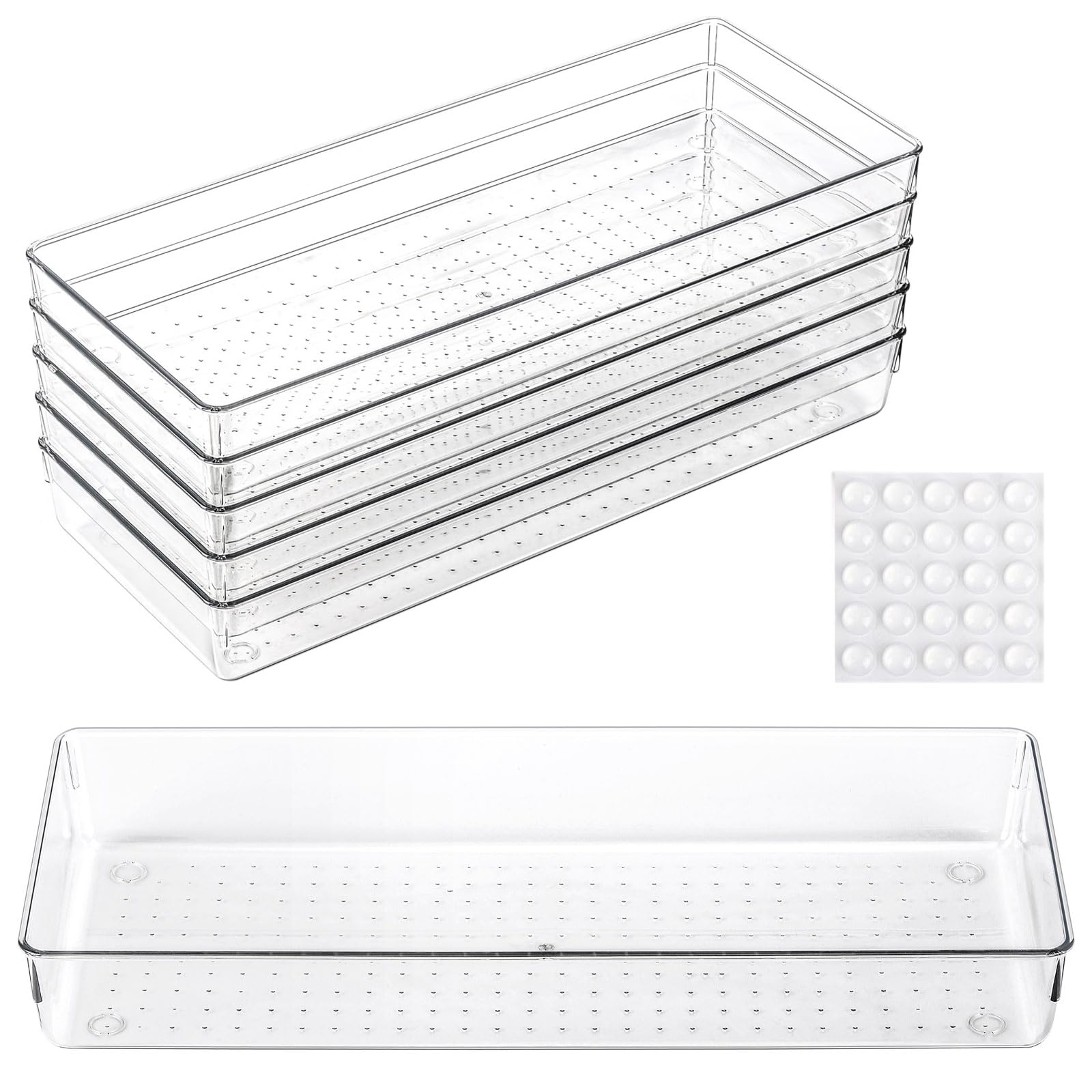 6 vassoi grandi in plastica trasparente per cassetti, 38,1 x 16 cm, con 25 cuscinetti antiscivolo per trucchi, gioielli, utensili da cucina, bagno e ufficio (38,1 x 15,2 cm)