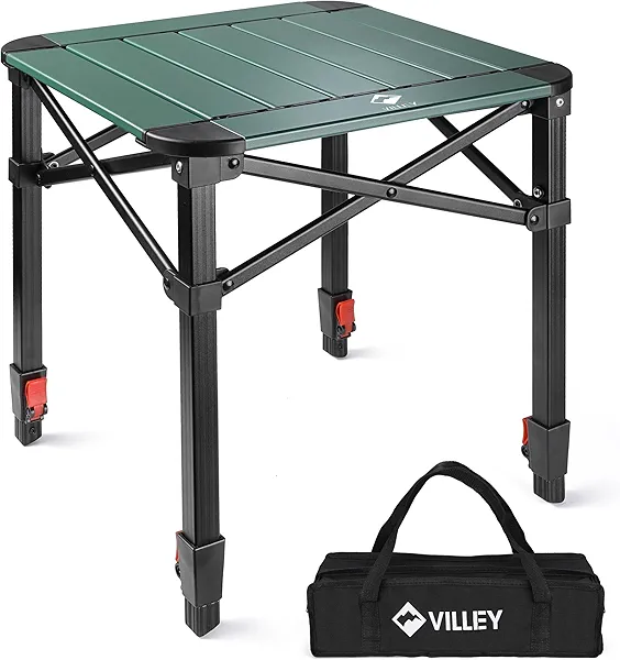 VILLEY Folding Camping Square Table with Carry Bag, Lightweight Aluminum Adjustable Square Table for Outdoor, Camping, Picnic, Backyards, BBQ (M) Green Medium