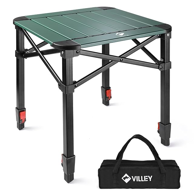 VILLEY Folding Camping Square Table with Carry Bag Lightweight Aluminum Adjustable Square Table for Outdoor Camping Picnic Backyards