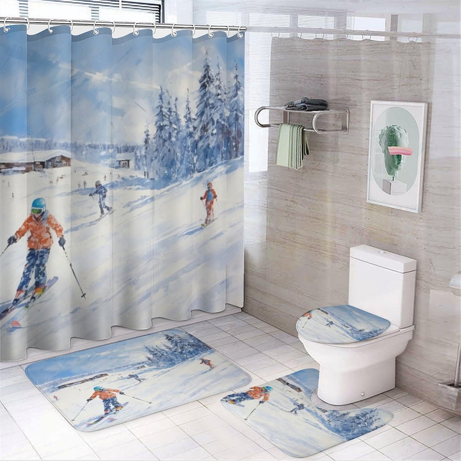 HighonHi Snow Skiing 4Pcs Shower Curtain Set with Rugs Bathroom Sets with Curtain Rug Toilet Cover and U Shaped Mat Leisure Ski Fun Waterproof Fabric Bath Curtain for Bathroom Decor