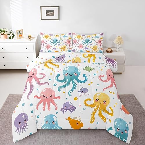 Miniatura 16 de Manfei Octopus Kids Comforter Set Queen Size,Dark Clouds Ocean Waves Trippy Retro Bedding Set,Boys Girls Room Decor,Underwater World Marine Life